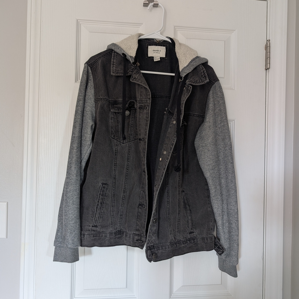 Gray and Black Hooded Denim Jacket